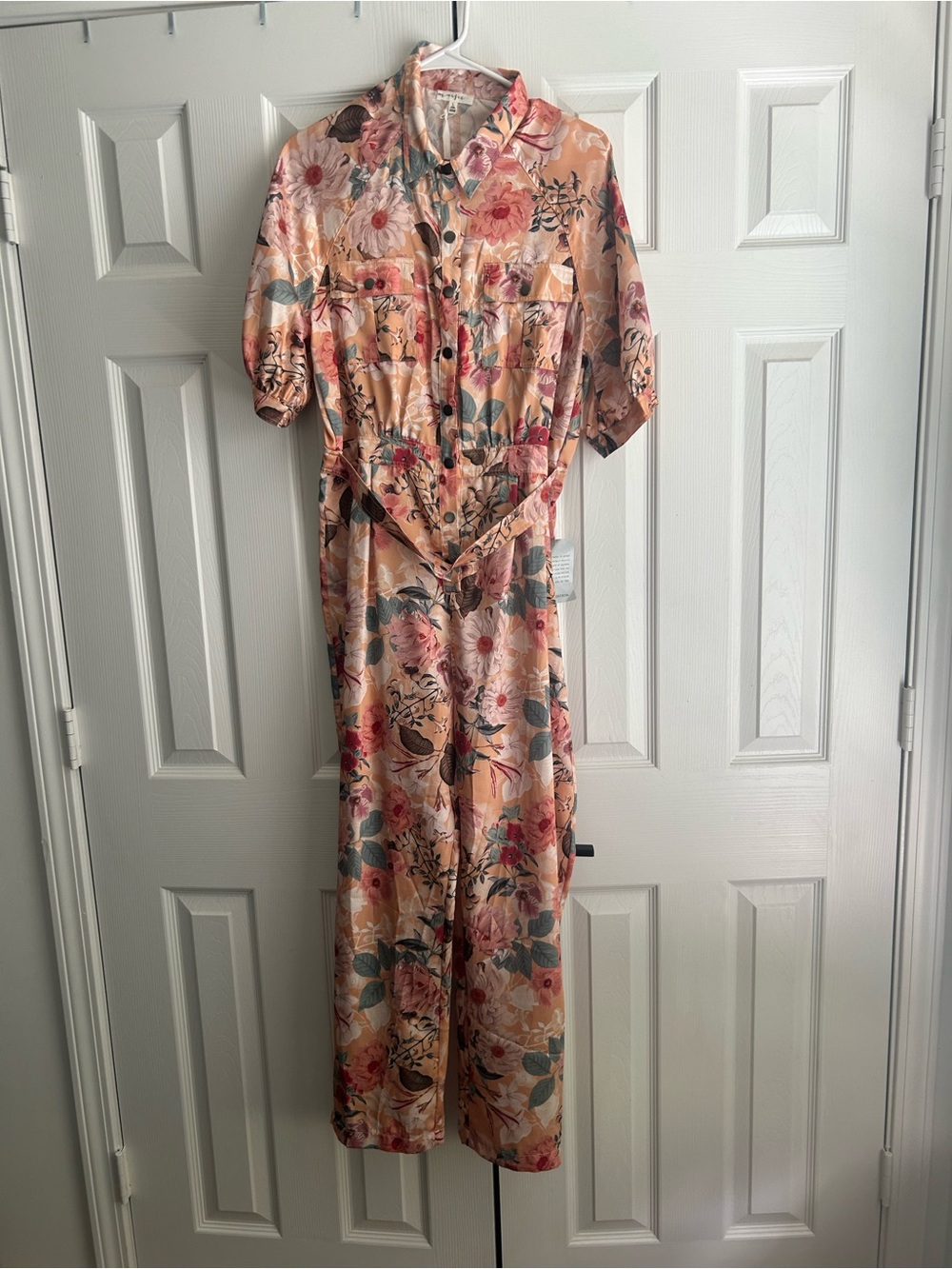 Peach Floral Button-Front Utility Jumpsuit